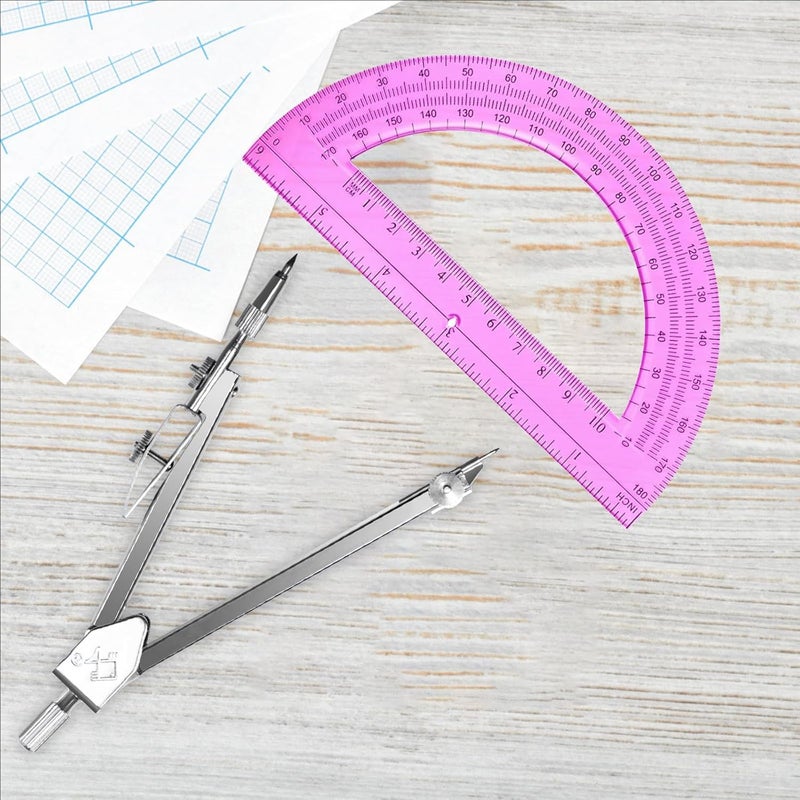 Tdfronien Students Geometry Math Set, Drawing Compass and 6 Inch Transparent Swing arm Protractor 180 Degree Math Protractor (Pink) - Image 4